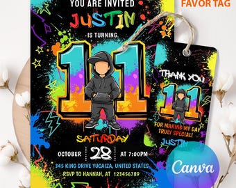 11th Boy Birthday Invitation, Number 11 Invite for Boys, Fun Blue Birthday Design, Editable Canva Template for Instant Party Use