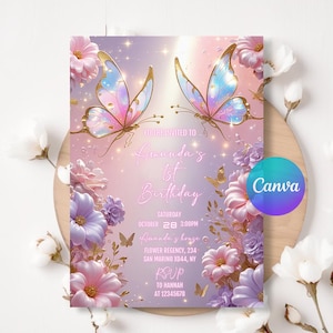 Op de afbeelding: Een verjaardagsuitnodiging met een vlinderthema. De uitnodiging toont twee vlinders met roze en blauwe vleugels, omringd door roze en paarse bloemen. De tekst luidt "Amanda's 1st Birthday".