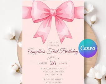 Editable Pink Coquette Bow Birthday Invitation, Elegant Bow Theme Party Invite, Girl Birthday Canva Template, Editable Digital Invitation