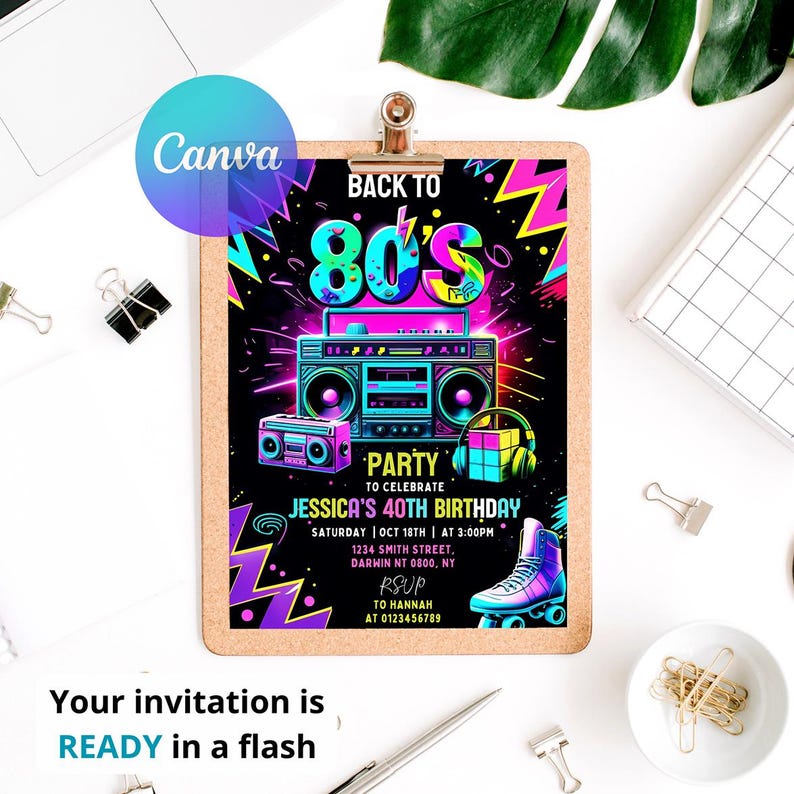 Birthday Invitations, Instant Download, Editable Canva, Invitations Wedding, 80S Party, 80S Birthday, 80S Birthday Party, 80S Party Invitation, 80S Invitation Party, Birthday Gift, Birthday Card, Digital Art, Let'S Paint, Art Painting Invite, Artist Invitation, Dress For A Mess