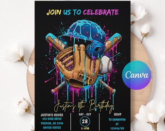 Invito di compleanno modificabile con gelato a tema baseball, invito modificabile a tema baseball, invito a tema gelato, invito a tema baseball, Canva modificabile