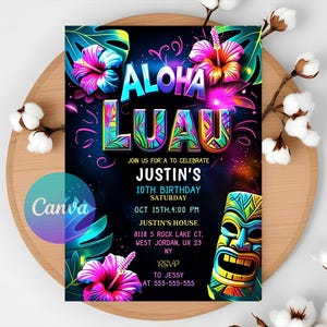 Aloha Luau Invitation: Hawaiian Birthday Party, Canva Template (Digital Download)