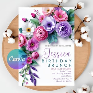 May include: A birthday brunch invitation with a floral design in shades of pink and purple. The invitation includes the name "Jessica", the date, time, and location. The Canva logo is visible in the bottom left corner.