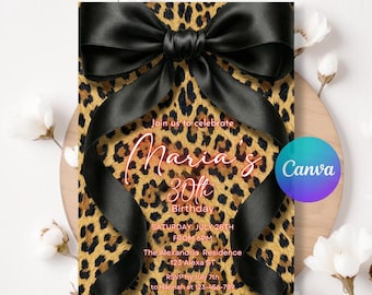 Cheetah Birthday Invitation, Black Bow Coquette Party, Canva Template (Digital Download)