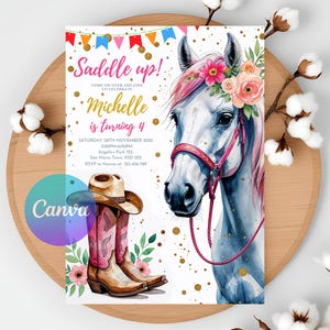 Convite de aniversário de cavalo personalizável para meninas Prepare-se para uma festa de cowgirl em aquarela