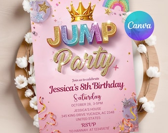 Invitación de cumpleaños para niña en trampolín: Fiesta de saltos (archivo digital editable)