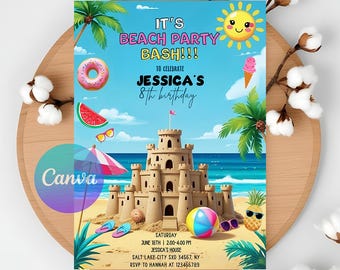 May include: A beach-themed invitation with a sandcastle, a smiling sun, and the text "IT'S BEACH PARTY BASH!!!" to celebrate Jessica's 8th birthday. Includes a donut, watermelon slice, ice cream cone, and sunglasses.