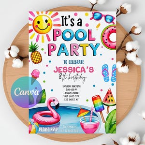 May include: A colorful pool party invitation with a pink flamingo float, a watermelon popsicle, and the text "It's a Pool Party" in bright colors. The invitation is for Jessica's 8th birthday and includes details about the date, time, and location of the party.