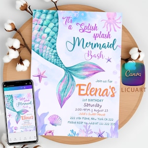 Faire-parts rose pourpre sirène et sous la mer pour des fêtes d'anniversaire et une fête des sirènes ; Facile à personnaliser, magnifique thème de la mer !