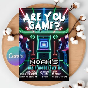 Bearbeitbare Arcade-Geburtstagsfeier-Einladung für Jungen Video Arcade-Geburtstag, Neonspiel-Arena-Einladung, Fun Center