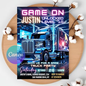 Video Game Truck Birthday Invitation: Editable Gamer Party Invite (Digital Download 5x7&quot; PDF Template)