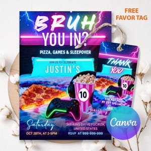 Puede incluir: Una invitación a una fiesta con el texto "BRUH YOU IN?" y "PIZZA, GAMES & SLEEPOVER". La invitación incluye pizza, palomitas de maíz y un mando de videojuegos. Una etiqueta de recuerdo a juego dice "THANK YOU". El evento es para el cumpleaños de Justin.