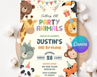 Playful Animal Birthday Invitation, Editable Canva Template