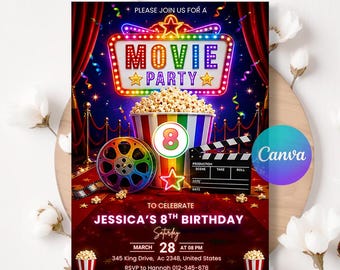 Rainbow Movie Night Birthday Party Invite, Cinema Night Invitation Template, Hollywood Theme, Editable Canva LA766