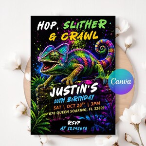 May include: A rectangular birthday invitation card featuring a vibrant, multi-coloured chameleon on a dark background with neon paint splatters. The text reads: HOP, SLITHER & CRAWL, JUSTIN'S 10TH BIRTHDAY, SAT | OCT 28TH | 3PM, 678 QUEEN SOARING, FL 32801, RSVP AT 12345678.