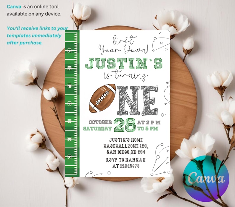Invitation, Football Party, First Birthday, Sports, First Year Down, Digital Invitation, Printable Invitation, Invitation Template, Game On,, American Football, Football Invitation, Editable Invitation, Football Party