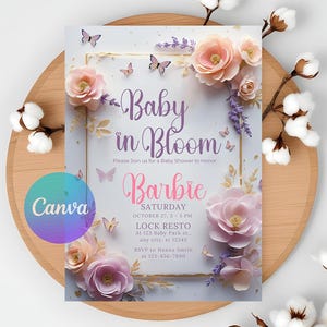 Baby In Bloom Invitation, Baby Shower Invitation Girl, Pink Purple Butterflies Wildflower Invite Printable Baby In Bloom Shower