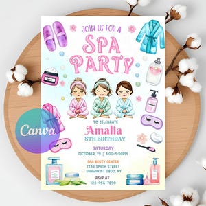 Faire-part modifiable pour une soirée spa, anniversaire de filles au spa, invitation à une soirée spa entre pré-ados, invitation à une soirée glamour d'anniversaire pour se faire dorloter, modèle de toile