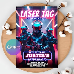Modèle d'invitation d'anniversaire laser tag - Célébrez le 10e anniversaire de votre enfant avec une invitation à une fête néon phosphorescent !