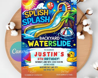 Waterslide Birthday Invitation: Splash Party Evite, Canva Template (5x7" PDF)