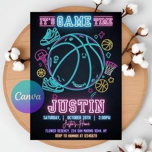 Modèle d'invitation à une fête de basket-ball d'anniversaire néon : célébrez la recrue de l'année avec des fournitures amusantes et une impression de basket-ball néon