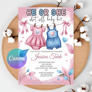 Editable Clothesline Gender Reveal Invite Pink Or Blue Baby Clothes Gender Reveal Invitation,  He Or She What Will Baby Be? Instant Download