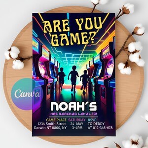 Video Arcade Geburtstag, Neon Game Arena Einladung, Fun Center, Gaming Lounge, bearbeitbare Einladung