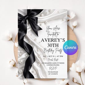 Pearls  and Black bow Party Invitation, Elegant Adult Birthday, Glam Pearl Birthday Invite, Blackbow Party Template, Editable Canva LA622
