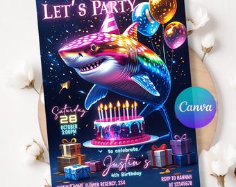 Neon Shark Birthday Invitation: Ocean Theme Canva Template (Digital Download 5x7" PDF)