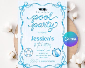 Blue Coquette Bow Pool Birthday Invitation, Girl Summer Swim Party Invite, The Summer Party Invite, Birthday Invite Template, Editable Canva