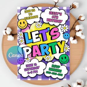 Editable Preppy Patch Letter Invitation, Retro Varsity Patch Birthday Invitation,  Let’S Party Smiley Face Instant Download
