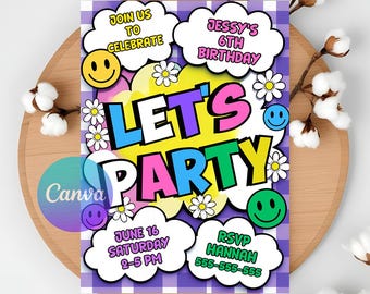 Editable Preppy Patch Birthday Invitation: Retro Varsity, Smiley Face (Instant Download)