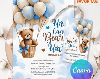 Blue Boy Boho Bear Baby Shower Invite, Tedby Bear Baby Shower Invitation, We Can Bearly Wait Invitation, Cute Brown Bear Invitation