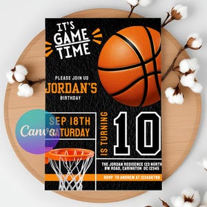 Faire-part d'anniversaire de basket-ball modifiables - Faire-part à thème sportif à imprimer pour les fêtes d'anniversaire d'enfants | Invitation amusante de basket-ball !
