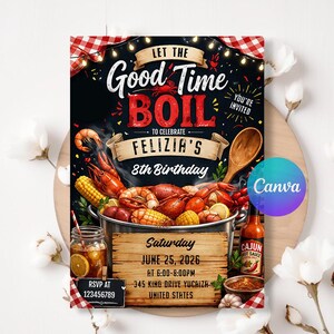 Let The Good Times Boil, Crab Boil Party, Lobster Feast Invite, Seafood Birthday Party Invitation, Summer Vacation! LA647