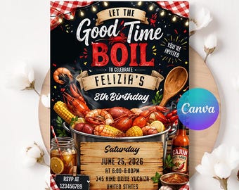 Lassen Sie die guten Zeiten kochen, Krabben-Kochen-Party, Hummer-Fest einladen, Einladung zur Geburtstagsparty mit Meeresfrüchten, Sommerferien! LA647