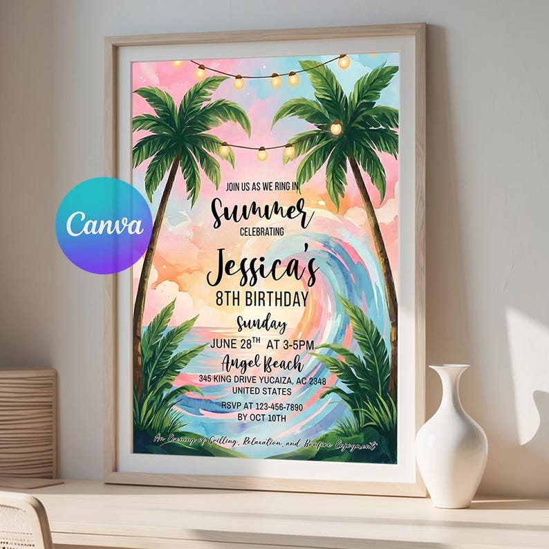 digital invitation, birthday template, editable canva, beach party invite, beach birthday evite, becak birthday, girl beach party, beach celebration, ocean birthday evite, surf beach party, beach birthday party, beach invitation, tropical invitation, surfer invitation, pool birthday party, celebrate invitation, kids birthday invite, summer beach party, kids birthday, electronic invite, printable party, phone invitation, digital download,  ,, printable invitation, instant download, canva template
