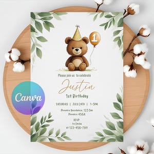 Faire-part d'anniversaire ours modifiable, invitation neutre ours, premier anniversaire bohème ours, invitation minimaliste, invitation ballons ours