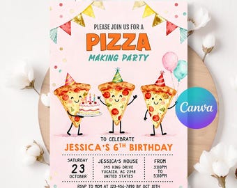 Pizza Making Party Invitation Template, Boy and Girl Movie Night Birthday Sleepover Invite, Digital Printable Instant Download