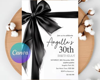 30th Birthday Invitation: Elegant Black Bow, Coquette Style (Digital Template)