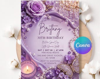 Pearls And Satin Party Invitation, Purple Party Invitation, Pearl Birthday Invitation, Adult Birthday, Editable Canva LA764