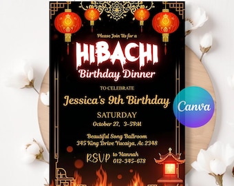 Invitación editable para cena de cumpleaños con temática hibachi, invitación para fiesta de cumpleaños con temática hibachi, invitación para cumpleaños con temática japonesa y asiática.