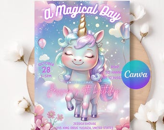 Einhorn Geburtstagseinladung Pastell Regenbogen Party Einladen Geburtstagsparty Wunderliche Märchen Pastell Regenbogen Einhorn Prinzessin Canva Vorlage