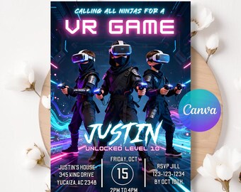 Virtual Reality Birthday Invitation, Gamer Ninja Party Invite, VR Gaming Theme, Action Kids Birthday, Editable Canva Template LA519