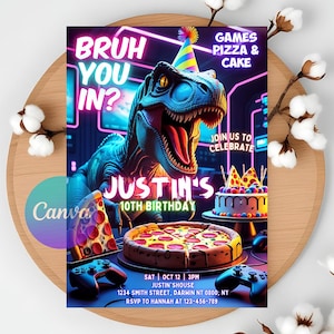 Invitation d'anniversaire Bruh, Bruh You In ?, carte d'anniversaire néon imprimable, invitation numérique à une fête, invitations d'anniversaire pizza