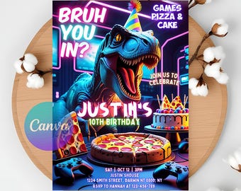 Bruh Birthday Invitation: Neon Pizza Party, Printable Bday Card (Digital Invite)