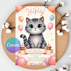 Digital Instant Download Cat Themed Birthday Invitation Template for a Purr-fect Kitty Birthday Party - Meow Invite