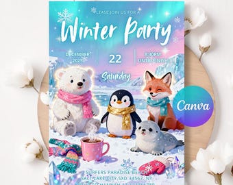 Winter Onederland invite, 1st birthday design, coquette bow style, arctic animal theme, editable Canva template