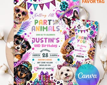 Puppy Pawty Birthday Invitation, Rainbow Girl Dog Party Invite, Editable Lets Pawty Digital Template, Printable LA814
