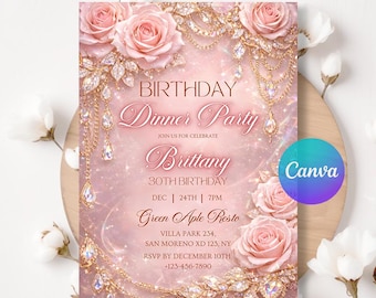 Rose Gold Birthday Invitation, Elegant Party Invite Template, Rose Gold Dinner Party Invite LA596